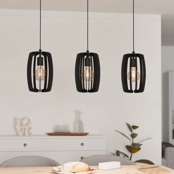 EGLO Lampă suspendată Bajazzara, trei abajururi cu colivie, negru, reglabil, Negru, Camera de zi / sufragerie, Metal, Modern