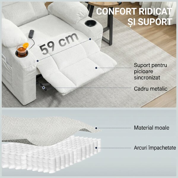 HOMCOM Fotoliu Relax Electric Reclinabil 150° cu Suport pentru Picioare, Funcție Memorie, Telecomandă, din Catifea, Crem | Aosom Romania