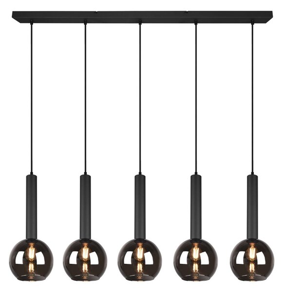 Trio Lighting Lampă suspendată Clayton, versiune cu cinci lumini, reglabil, Negru, Camera de zi / sufragerie, Sticlă