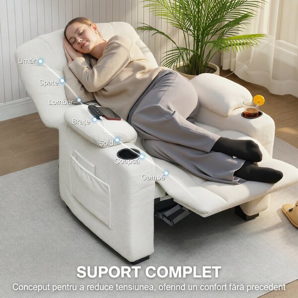 HOMCOM Fotoliu Relax Electric Reclinabil 150° cu Suport pentru Picioare, Funcție Memorie, Telecomandă, din Catifea, Crem | Aosom Romania
