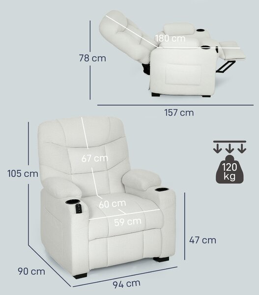 HOMCOM Fotoliu Relax Electric Reclinabil 150° cu Suport pentru Picioare, Funcție Memorie, Telecomandă, din Catifea, Crem | Aosom Romania