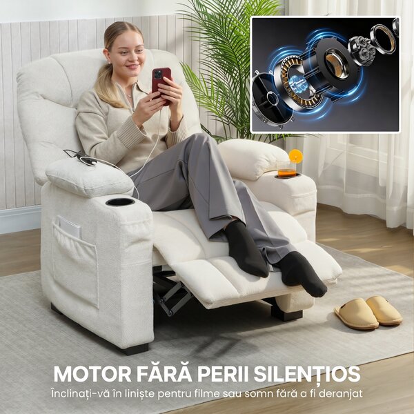 HOMCOM Fotoliu Relax Electric Reclinabil 150° cu Suport pentru Picioare, Funcție Memorie, Telecomandă, din Catifea, Crem | Aosom Romania