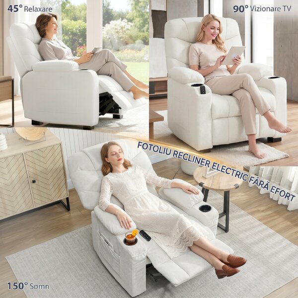 HOMCOM Fotoliu Relax Electric Reclinabil 150° cu Suport pentru Picioare, Funcție Memorie, Telecomandă, din Catifea, Crem | Aosom Romania