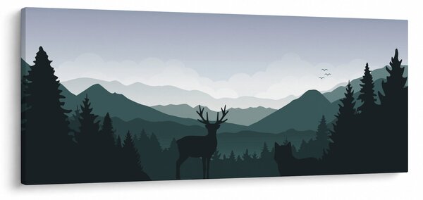 Tablou - Cerb cu lup pe stânci (120x50 cm)