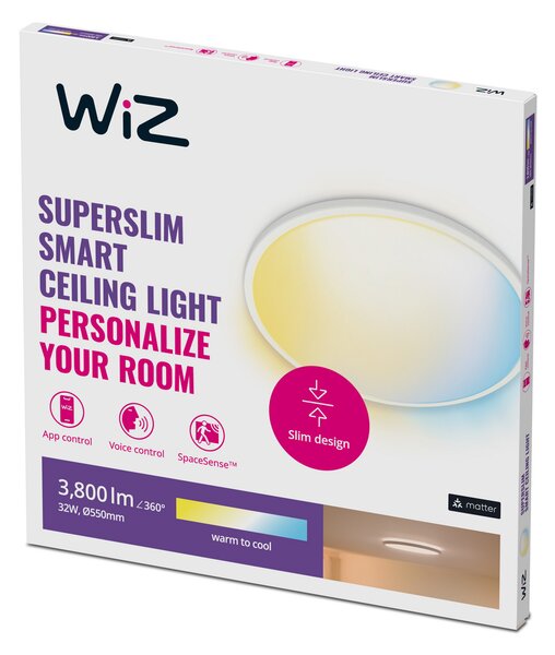 WiZ SuperSlim LED plafonieră cu LED-uri CCT Ø55cm alb, reglabil, Alb, Camera de zi / sufragerie, Plastic, Modern