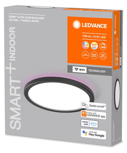 LEDVANCE SMART+ WiFi Orbis Ultra Slim Backlight, Ø24cm negru, reglabil, Negru, Camera de zi / sufragerie, Plastic, Modern