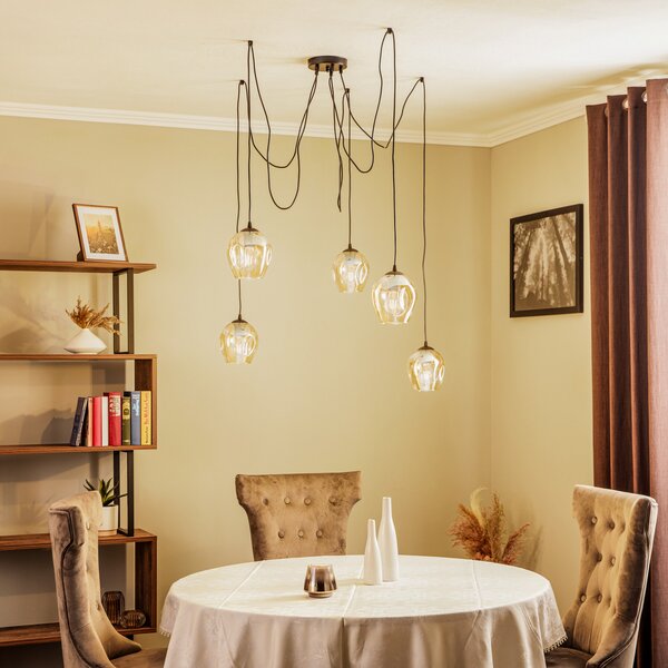 EMIBIG LIGHTING Lampă suspendată Starla, decentrată, 5 becuri, chihlimbar, reglabil, Negru, Camera de zi / sufragerie, Metal, Modern