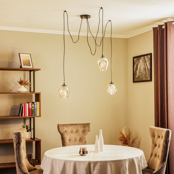 EMIBIG LIGHTING Lampă suspendată Starla, sticlă chihlimbar, 3 becuri descentrate, reglabil, Negru, Camera de zi / sufragerie, Metal, Modern