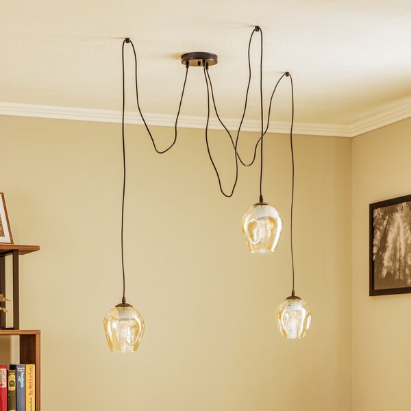 EMIBIG LIGHTING Lampă suspendată Starla, sticlă chihlimbar, 3 becuri descentrate, reglabil, Negru, Camera de zi / sufragerie, Metal, Modern