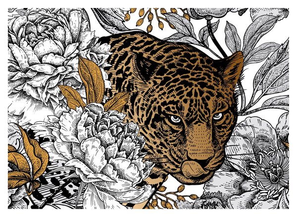Tablou - Leopard între flori (70x50 cm)