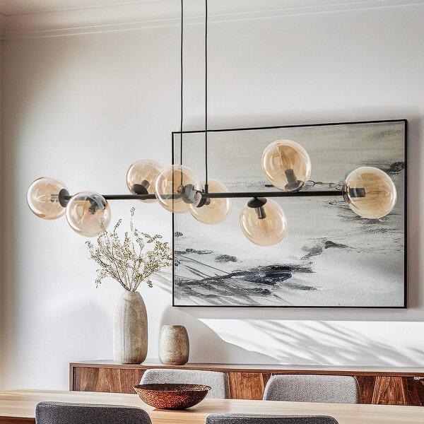 EMIBIG LIGHTING Lampă suspendată Glassy, 8 becuri, negru, chihlimbar, sticlă, E14, reglabil, Negru, Camera de zi / sufragerie, Metal, Modern