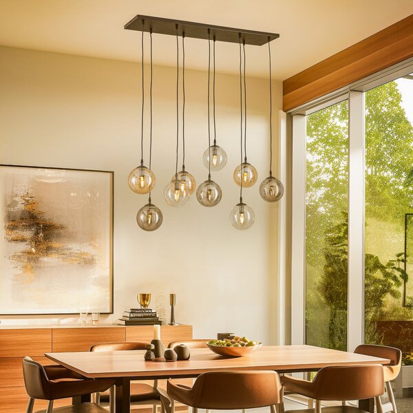EMIBIG LIGHTING Lampă suspendată Glassy, 9 becuri, negru, grafit/chihlimbar/transparent, E14, reglabil, Negru, Camera de zi / sufragerie, Metal, Modern