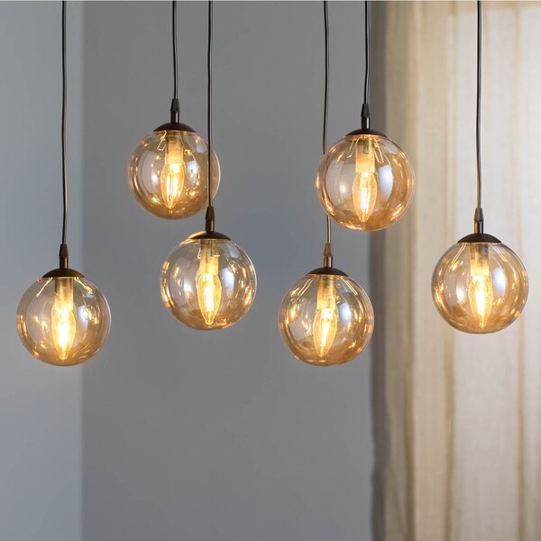 EMIBIG LIGHTING Lampă suspendată Glassy, 6 becuri, negru, chihlimbar, sticlă, 75 cm, reglabil, Negru, Camera de zi / sufragerie, Metal, Modern