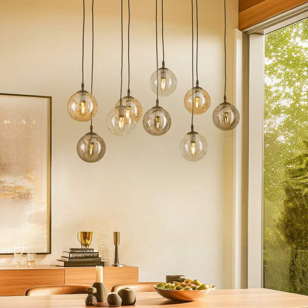 EMIBIG LIGHTING Lampă suspendată Glassy, 9 becuri, negru, grafit/chihlimbar/transparent, E14, reglabil, Negru, Camera de zi / sufragerie, Metal, Modern