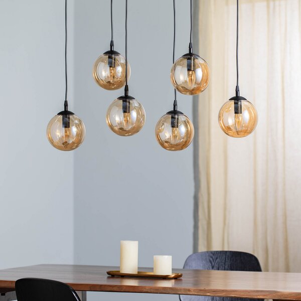 EMIBIG LIGHTING Lampă suspendată Glassy, 6 becuri, negru, chihlimbar, sticlă, 75 cm, reglabil, Negru, Camera de zi / sufragerie, Metal, Modern