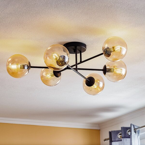 EMIBIG LIGHTING Plafonieră Glassy, negru, chihlimbar, sticlă, 6 becuri, E14, reglabil, Negru, Camera de zi / sufragerie, Metal, Modern