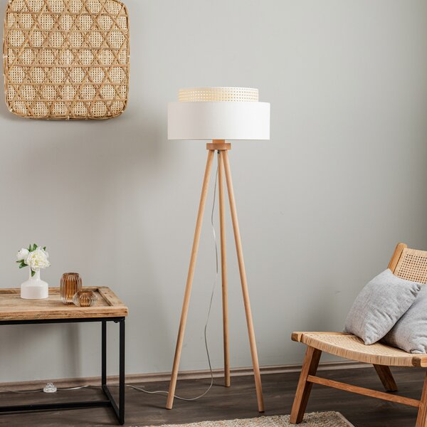 Duolla Lampadar Boho, alb/lemn, material textil/rattan/lemn, 140 cm, Lemn, dormitor, Lemn, Tripod