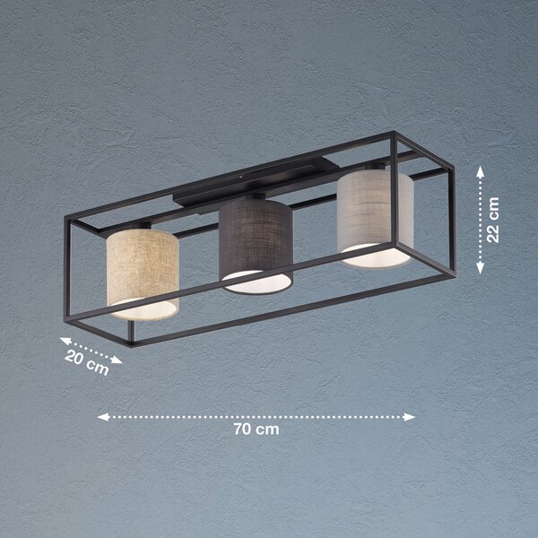 FISCHER & HONSEL Plafonieră Isko cu 3 abajururi textile, reglabil, Negru, Camera de zi / sufragerie, Metal