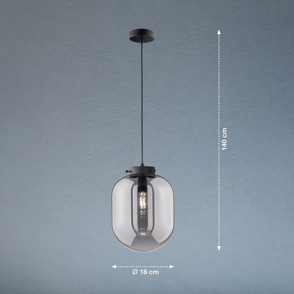 FISCHER & HONSEL Lampă suspendată Regi, 1 bec, Ø 18 cm, reglabil, Negru, Camera de zi / sufragerie, Sticlă