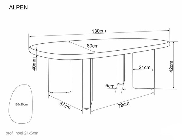 Măsuță cafea ALPEN, ecru/stejar, MDF/microciment/furnir, 130x80x42 cm