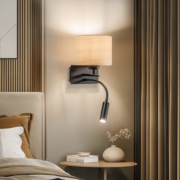 Argon Aplică de perete Harry, rotundă, negru/lemn deschis, Negru, Camera de zi / sufragerie, Metal, Modern, Lumină de lectură