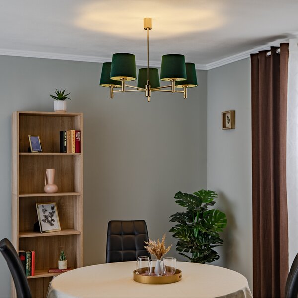 Argon Lampă suspendată Polo Plus cu 5 becuri, alamă/verde, reglabil, Auriu / Alamă, Camera de zi / sufragerie, Metal