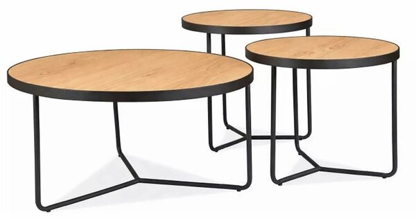 Set 3 măsuțe cafea DEMETER, stejar/negru, furnir/metal/MDF