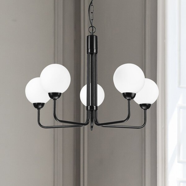 Lamkur Candelabru Malou cu abajururi din sticlă, 5 becuri, reglabil, Negru, Camera de zi / sufragerie, Metal, Modern