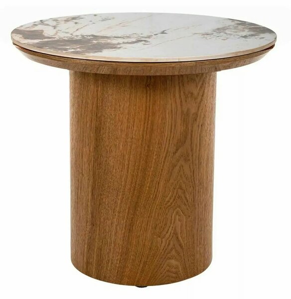 Măsuță cafea RONDO, alb lucios/stejar, ceramică/furnir/MDF, 50x50x45 c
