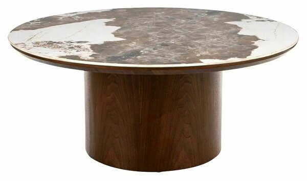 Măsuță cafea RONDO, alb lucios/nuc, ceramică/furnir/MDF, 80x80x35 cm