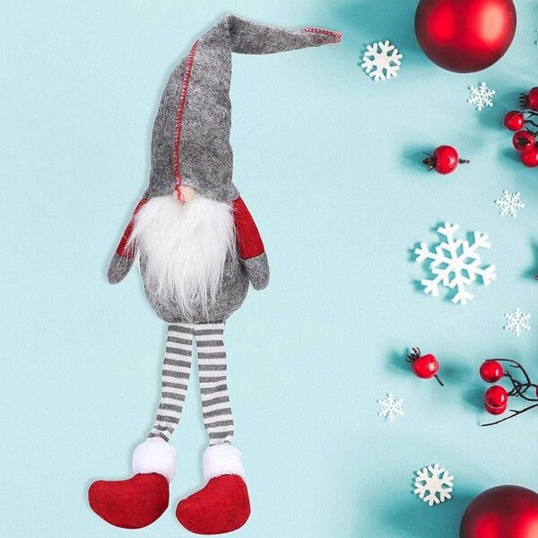 Elf de jucarie 50 cm, figurina decorativa Craciun, material textil, rosu si gri