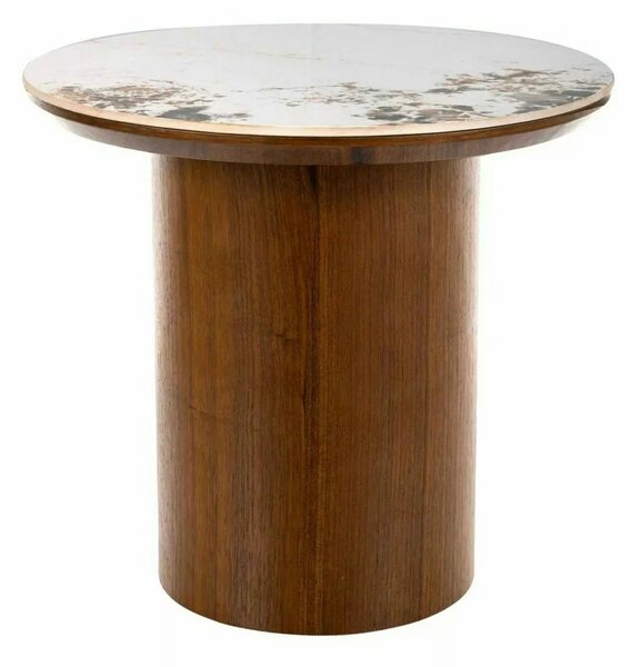 Măsuță cafea RONDO, alb lucios/nuc, ceramică/furnir/MDF, 50x50x45 cm