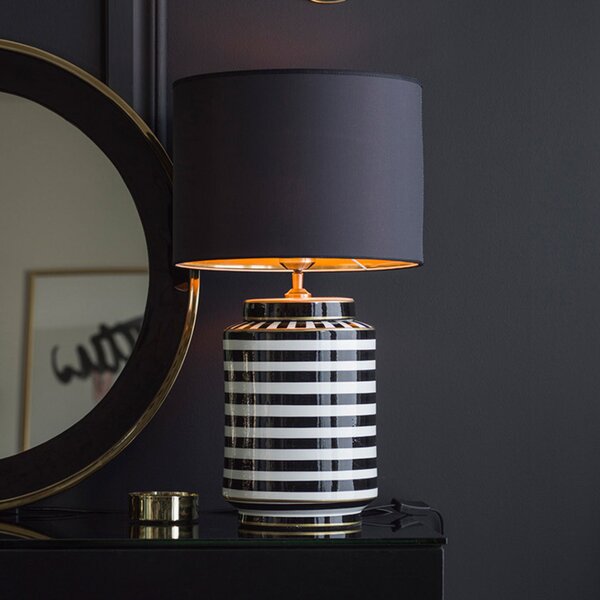 PR Home Lampă de masă Gatsby, Ø 30 cm, ceramică/textil, Negru, Camera de zi / sufragerie, Țesătură / Textil