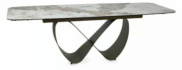 Masă extensibilă INFINITY, alb lucios/cupru, sticlă securizată/ceramic