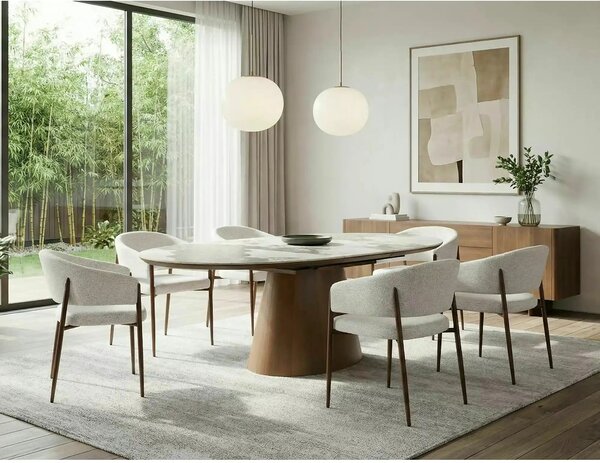 Masă extensibilă MAROCCO, alb/nuc, ceramică/furnir/MDF, 160–200x90x75