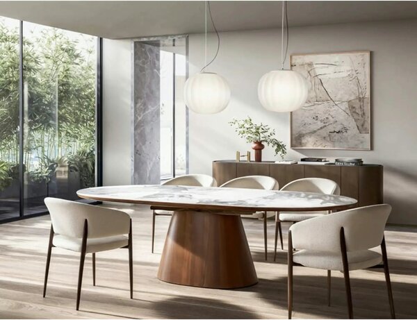 Masă extensibilă MAROCCO, alb/nuc, ceramică/furnir/MDF, 160–200x90x75