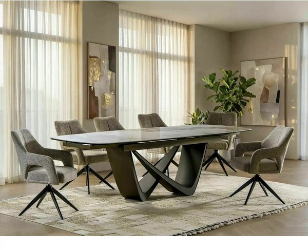 Masă extensibilă MARANELLO, alb/cupru, sticlă securizată/ceramică/meta