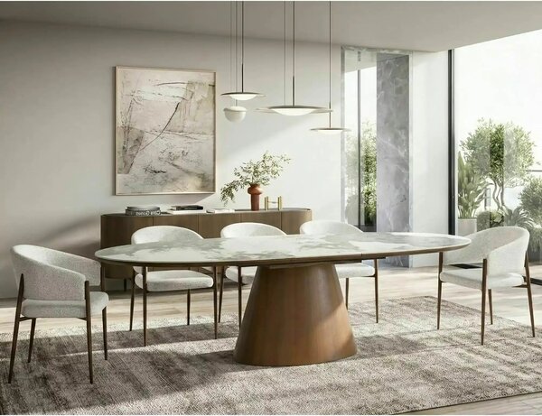 Masă extensibilă MAROCCO, alb/nuc, ceramică/furnir/MDF, 160–200x90x75