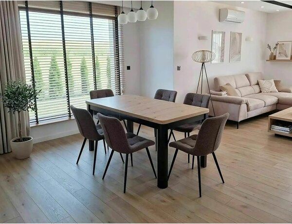 Masă extensibilă OSKAR, stejar artizanal/negru, PAL laminat/MDF, 120–2