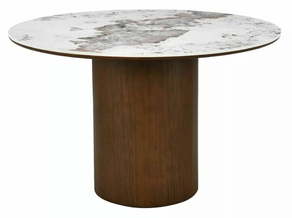 Masă RONDO, alb lucios/nuc, ceramică/furnir/MDF, Ø120x76 cm