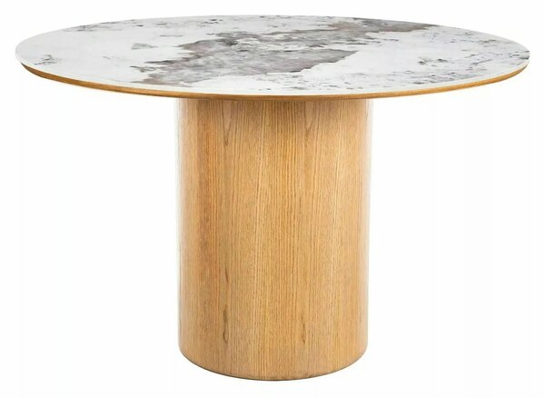 Masă RONDO, alb lucios/stejar, ceramică/furnir/MDF, Ø120x76 cm