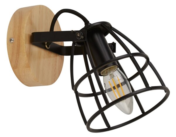 Searchlight Aplică de perete Cage II cu abajur din plasă, reglabil, Lemn, Camera de zi / sufragerie, Lemn, Scandinavă