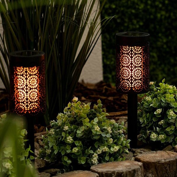 Lampa solara de gradina tip torta, efect de flacara, senzor amurg, 1.2W, IP44, inaltime 39 cm