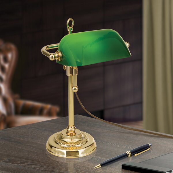 ORION Lampă de bancher Harvard, alamă/verde, H=32 cm, Auriu / Alamă, Studiu / Birou, Metal, Vintage