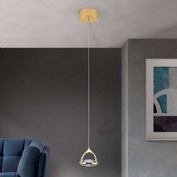 ORION Lampă suspendată LED Moon, sticlă K9, 1 bec, auriu, reglabil, Auriu / Alamă, Camera de zi / sufragerie, Metal