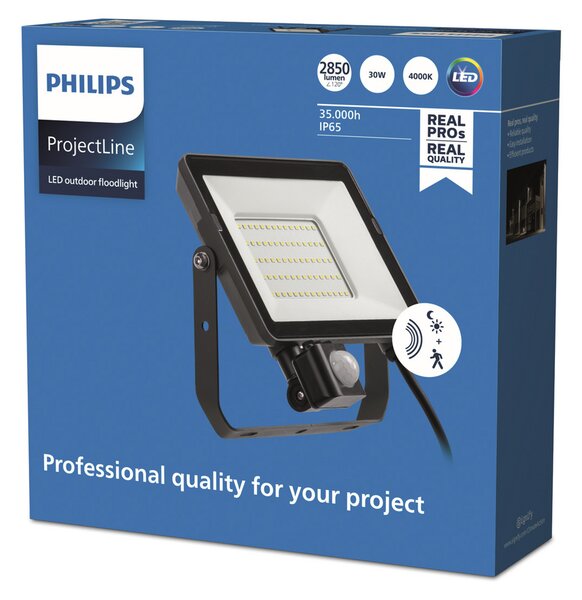 Philips Spot de exterior ProjectLine Senzor 4000K 30W, Negru, Metal, Spot de exterior / vârf de pământ