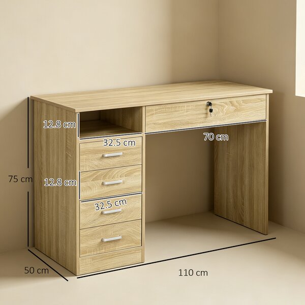 HOMCOM Birou Cameră sau Office Lemn cu 2 Sertare și 2 Chei, 110x50x76 cm, Stejar | Aosom Romania