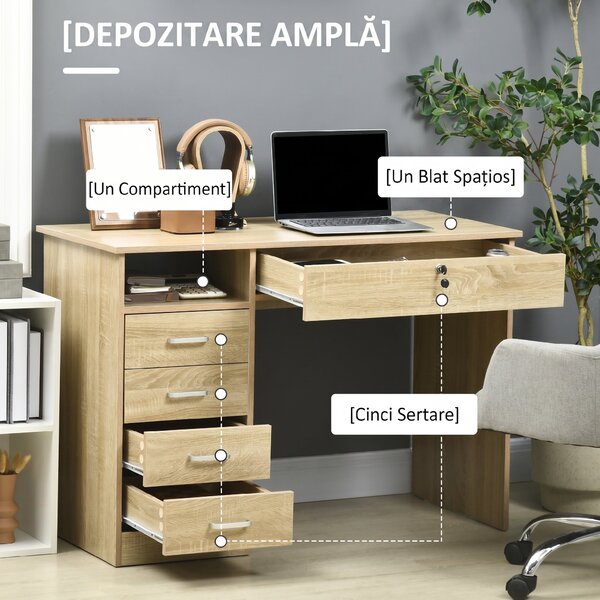 HOMCOM Birou Cameră sau Office Lemn cu 2 Sertare și 2 Chei, 110x50x76 cm, Stejar | Aosom Romania