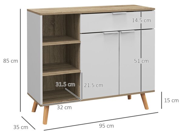 HOMCOM Bufet de Depozitare Modern cu Sertar, Usi cu Inchidere cu Amortizare, 3 Compartimente Deschise si Rafturi Reglabile, Dulap de Bucatarie Alb