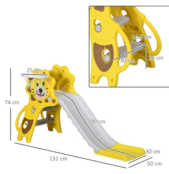AIYAPLAY Tobogan pentru Copii 2 în 1 cu Coș de Baschet, Tobogan Interior pentru Copii 1-3 ani, 131x50x74 cm, Galben | Aosom Romania
